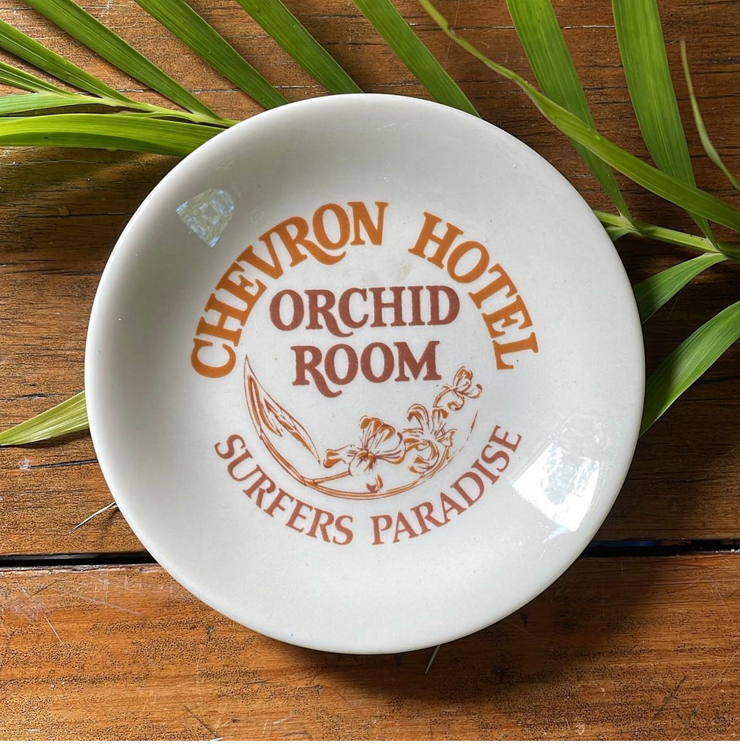 Vintage Gold Coast Souvenir Dish Orchid Room Chevron Hotel Surfers Paradise