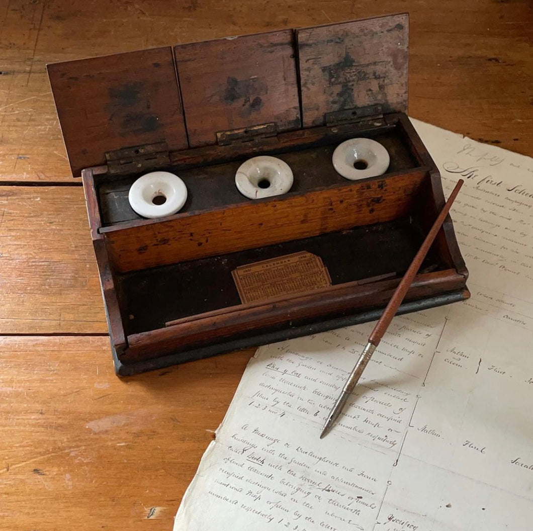 Vintage Wooden Ink Set with Ceramic Wells